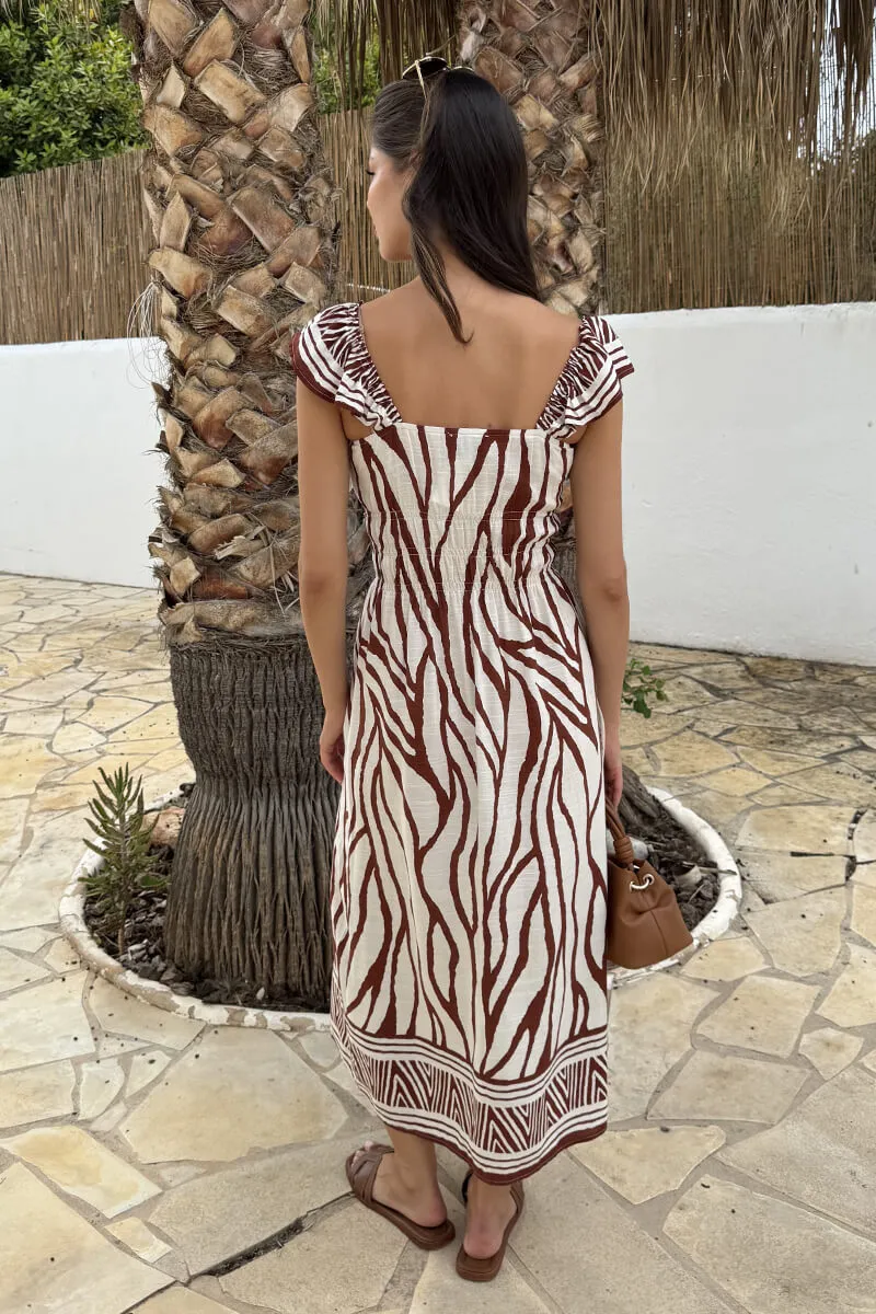 Cream And Brown Abstract Print Frill Strap Midi Dress sold by AX Paris product image thumbnail 5