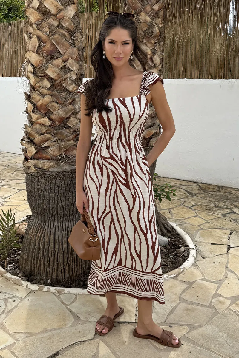 Cream And Brown Abstract Print Frill Strap Midi Dress sold by AX Paris product image thumbnail 3