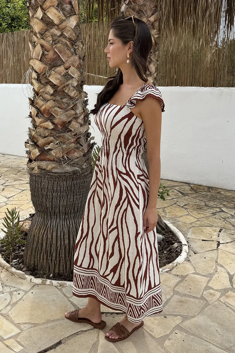 Cream And Brown Abstract Print Frill Strap Midi Dress sold by AX Paris product image thumbnail 4