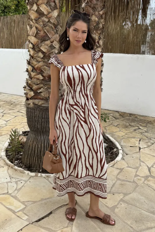 Cream And Brown Abstract Print Frill Strap Midi Dress made by AX Paris