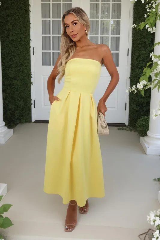 Soft Yellow Bandeau A-Line Skirt Midi Dress made by AX Paris