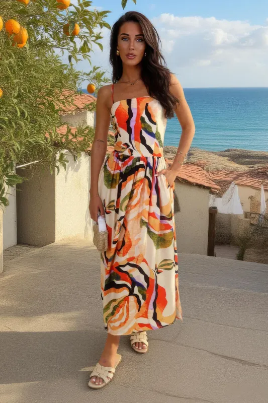 Multi Abstract Leaf Print Strappy Midi Dress made by AX Paris