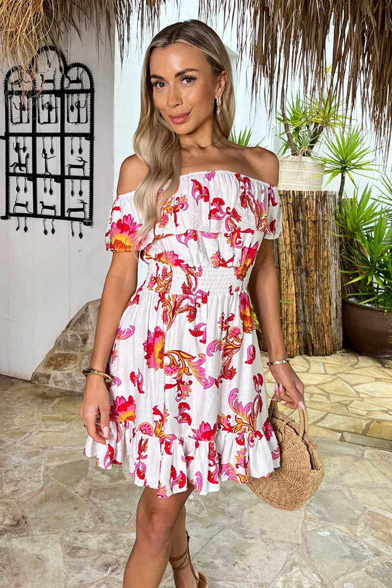 Multi Floral Print Bardot Frill Hem Mini Dress sold by AX Paris