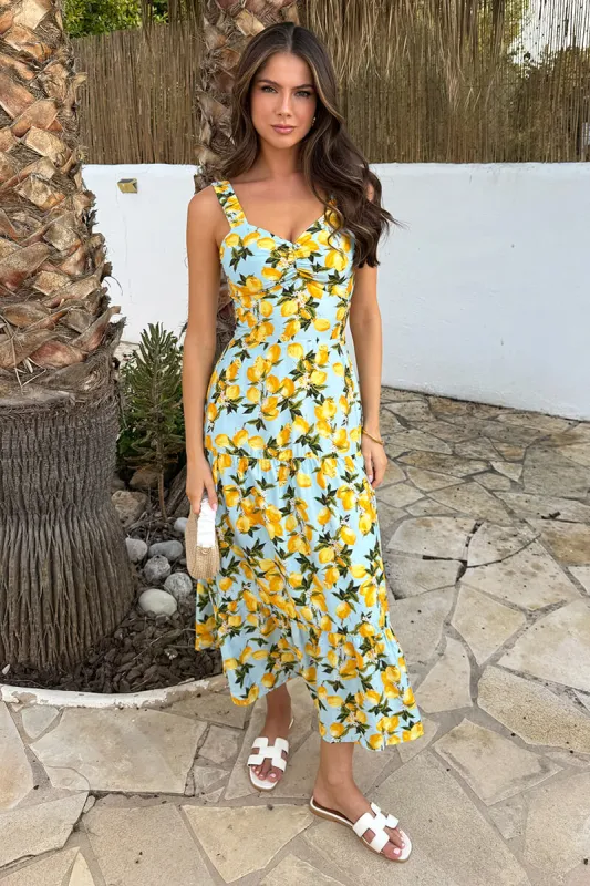 Blue Lemon Print Shirred Straps Tiered Midi Dress made by AX Paris