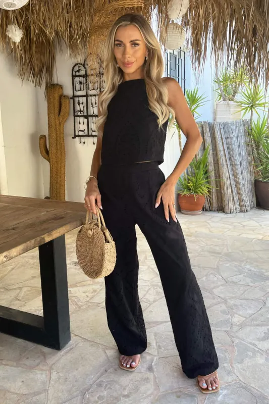 Black Broderie Wide Leg Trousers made by AX Paris