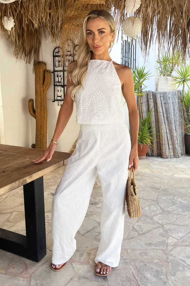 White Broderie Wide Leg Trousers sold by AX Paris