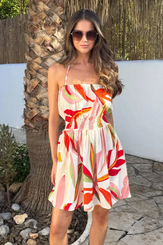 Multi Leaf Print Tie Neck Mini Dress made by AX Paris