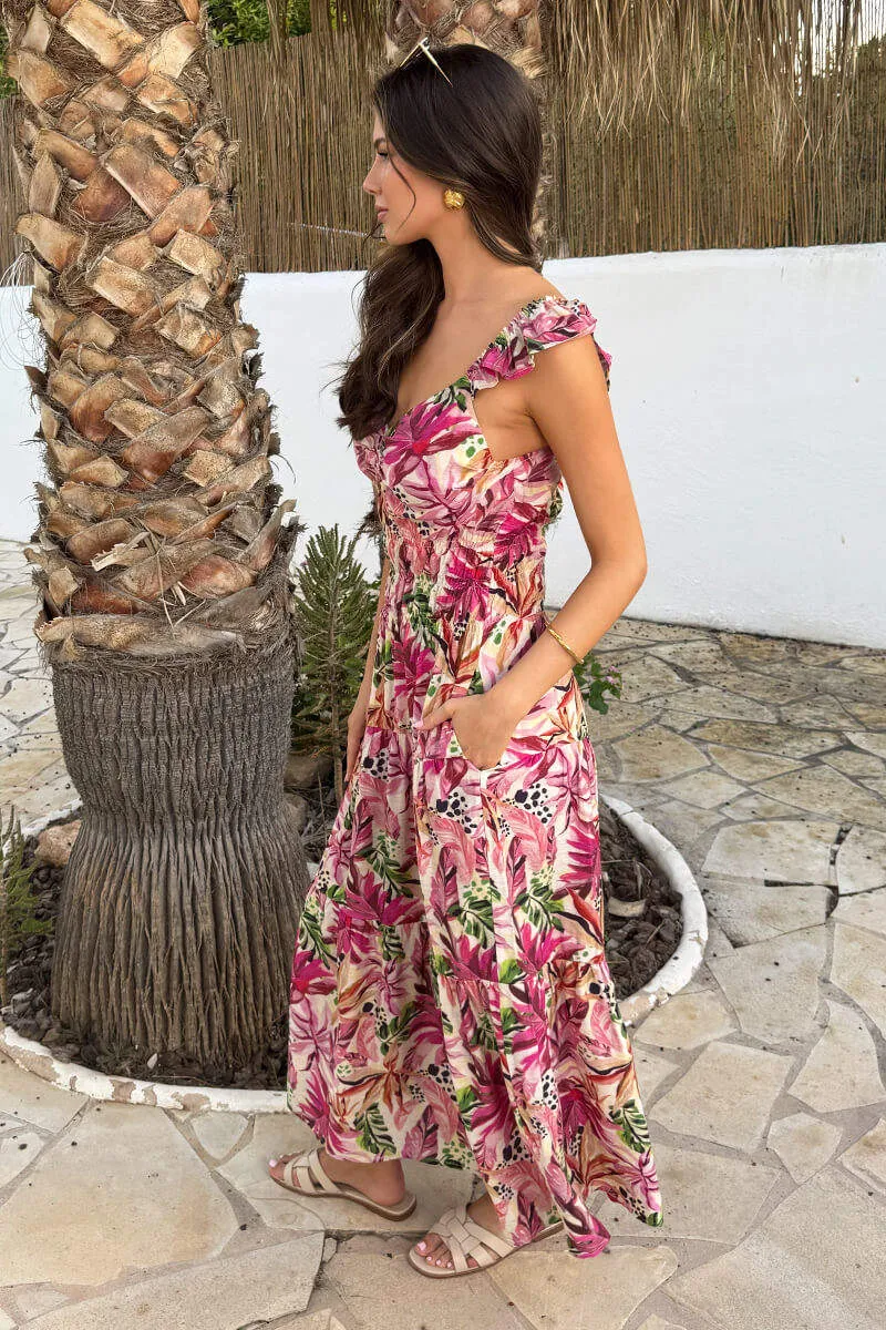 Multi Tropical Floral Print Frill Strap Smock Midi Dress sold by AX Paris product image thumbnail 4