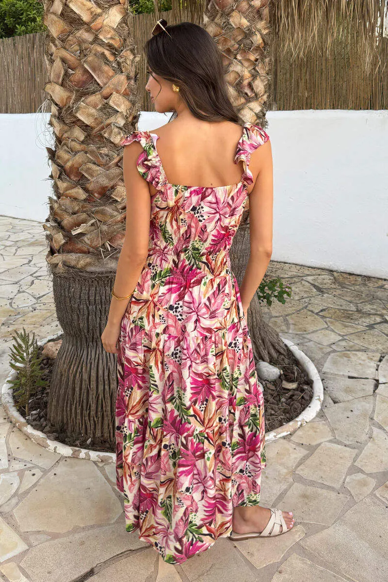 Multi Tropical Floral Print Frill Strap Smock Midi Dress sold by AX Paris product image thumbnail 5