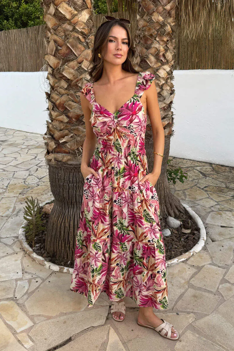 Multi Tropical Floral Print Frill Strap Smock Midi Dress sold by AX Paris product image thumbnail 2