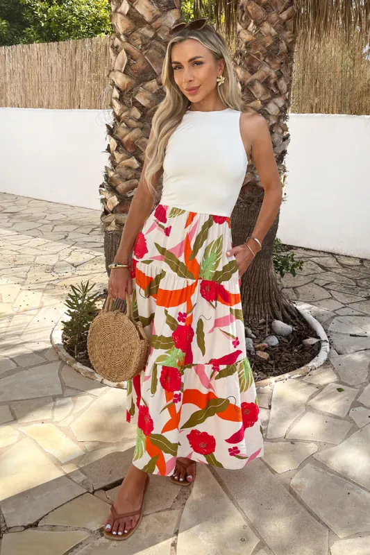 Multi Floral Print 2 In 1 Smock Midi Dress made by AX Paris