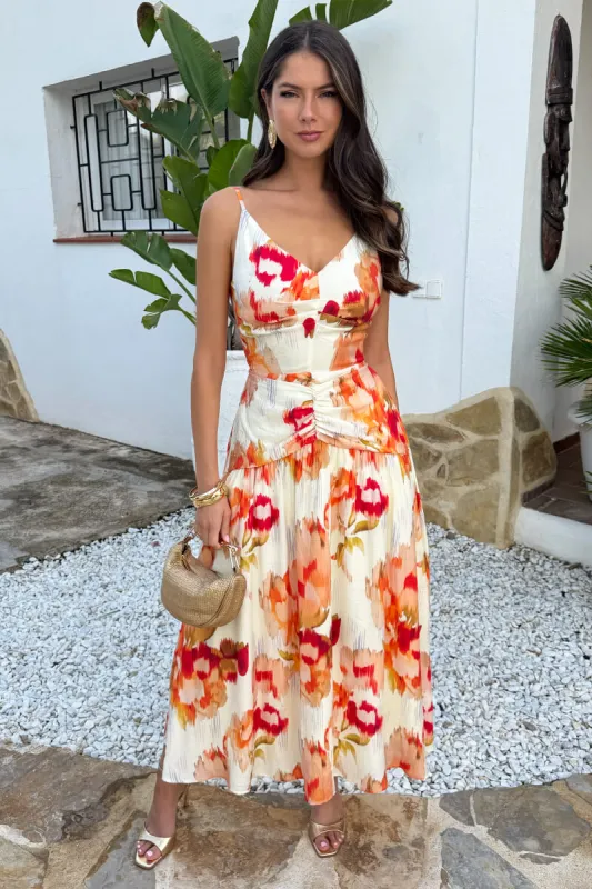 Multi Smudge Floral Print Open Back Ruched Detail Midi Dress made by AX Paris