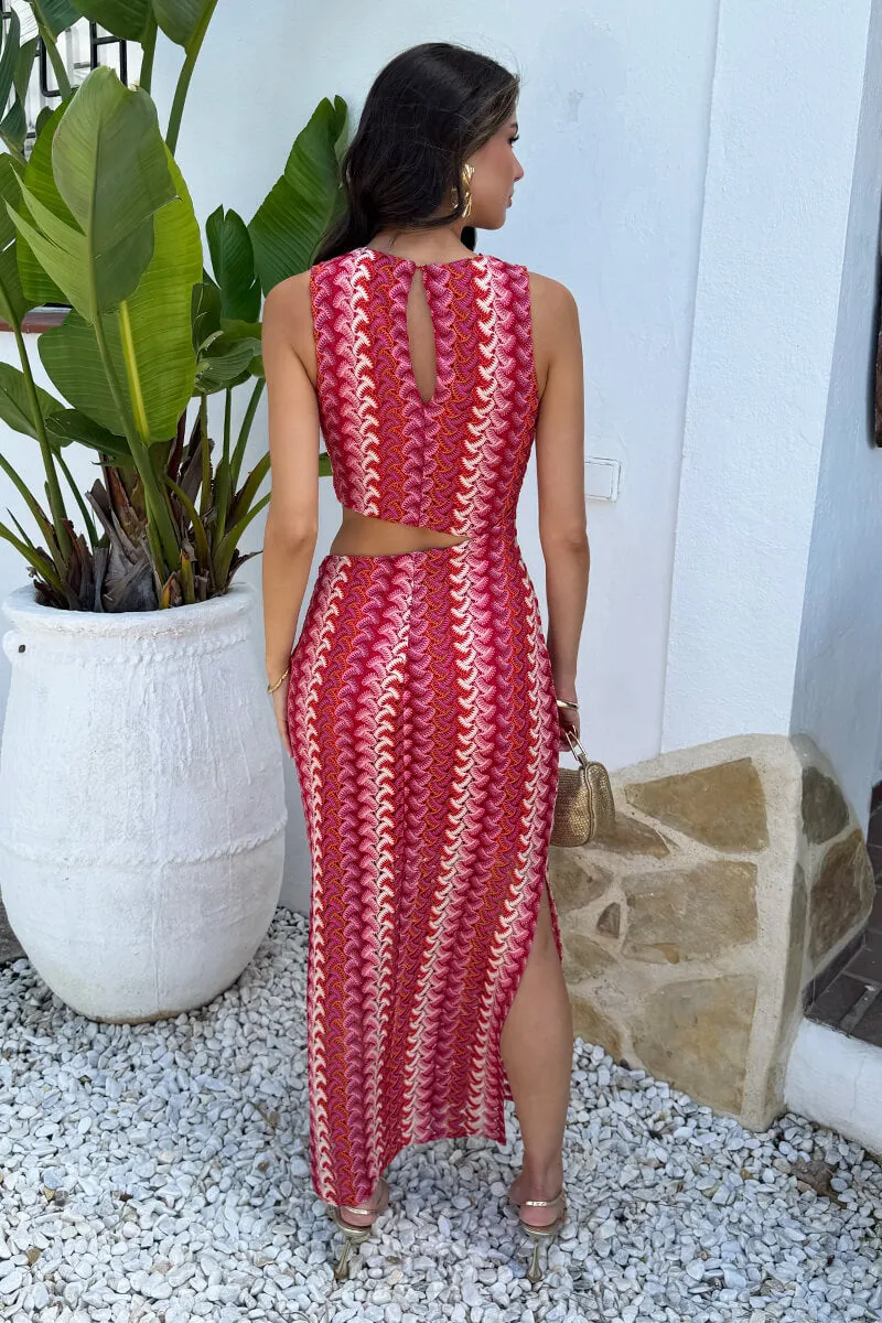 Red Zigzag Crochet Side Waist Cut Out Midi Dress sold by AX Paris product image thumbnail 5
