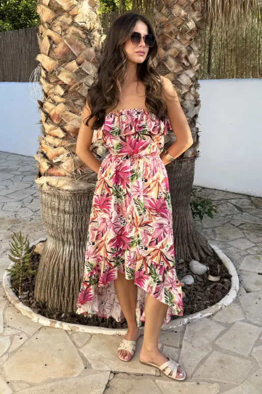 Multi Tropical Floral Print Bandeau Frill Midi Dress made by AX Paris