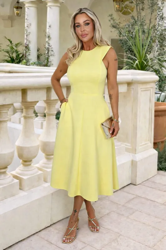 Soft Yellow Round Neck A-line Skirt Midi Dress made by AX Paris