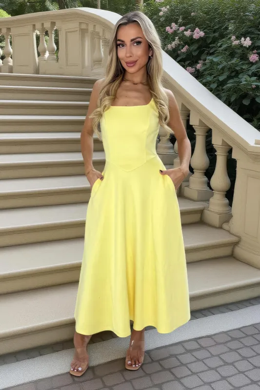 Soft Yellow Square Neck A-line Midi Dress made by AX Paris