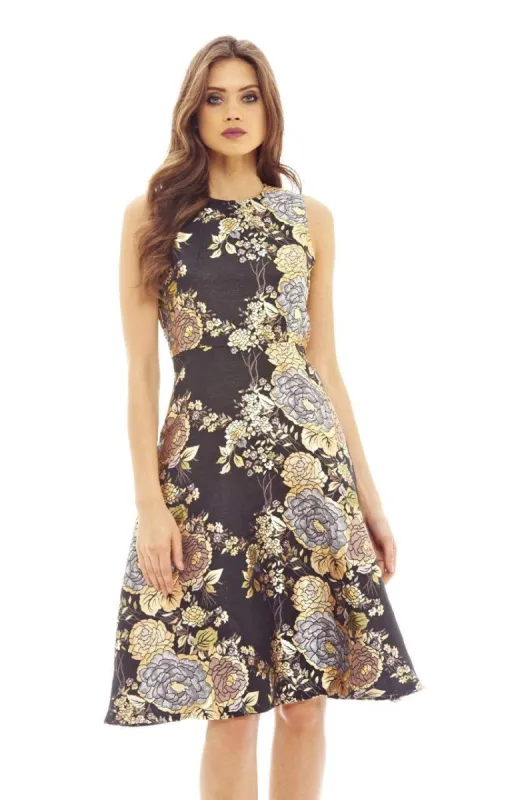 Black Floral Skater Dress with Metallic Detail sold by AX Paris