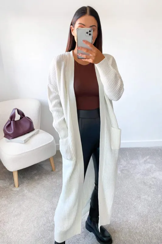 Cream Longline Knitted Cardigan sold by AX Paris