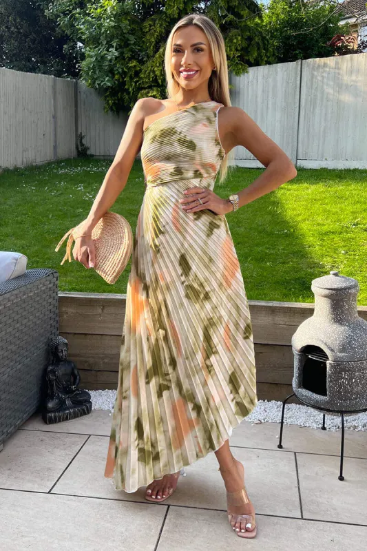 Multi Marble Print One Shoulder Pleated Satin Midi Dress sold by AX Paris