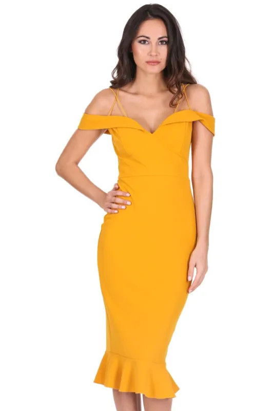 Mustard Off The Shoulder Strappy Fishtail Dress sold by AX Paris