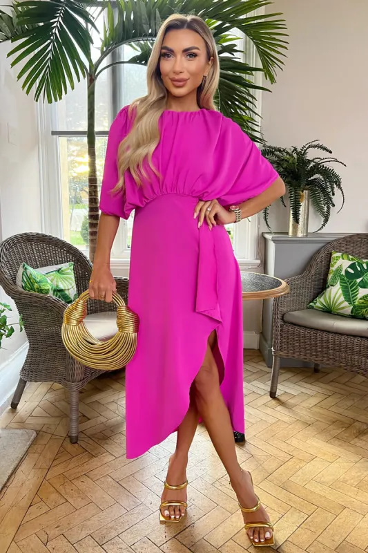 Hot Pink Batwing Top Wrap Skirt Midi Dress sold by AX Paris