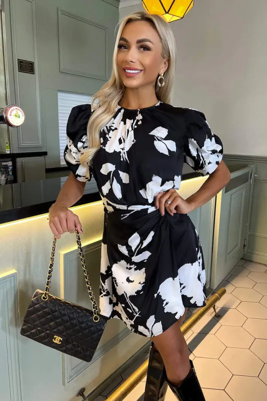 Black And White Print Short Puff Sleeve Gathered Side Mini Dress sold by AX Paris