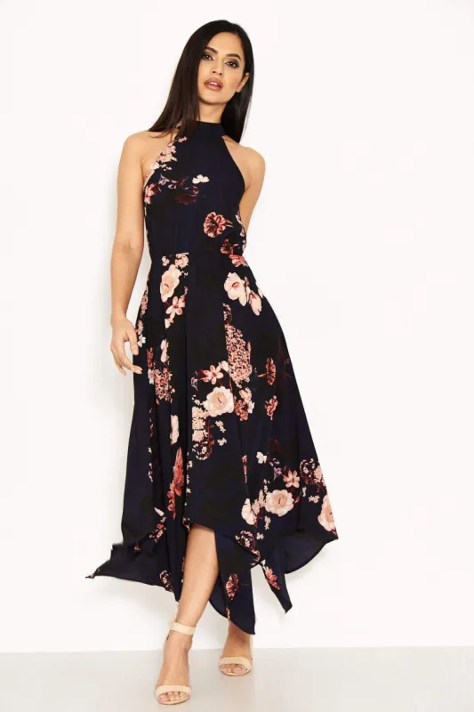 Navy Floral Print Choker Maxi Dress sold by AX Paris