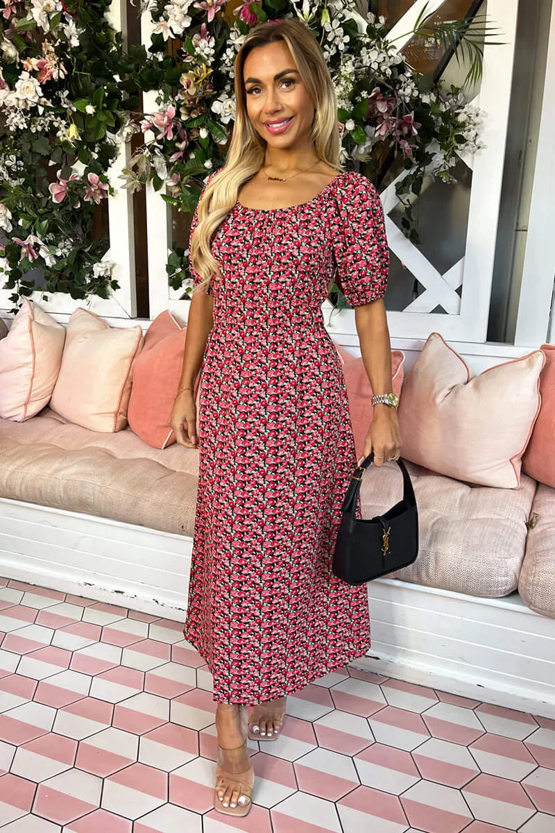 Red Multi Floral Printed Puff Sleeve Midi Dress sold by AX Paris product image thumbnail 4