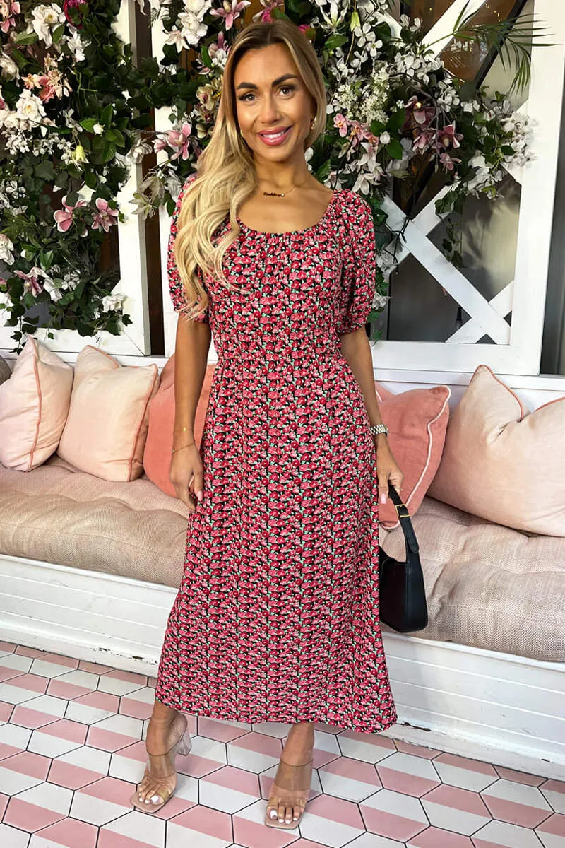 Red Multi Floral Printed Puff Sleeve Midi Dress sold by AX Paris