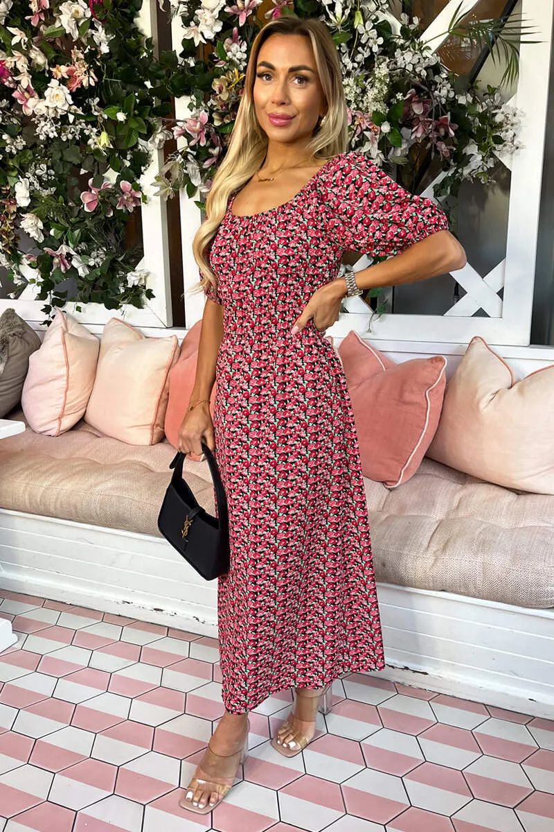 Red Multi Floral Printed Puff Sleeve Midi Dress sold by AX Paris product image thumbnail 2
