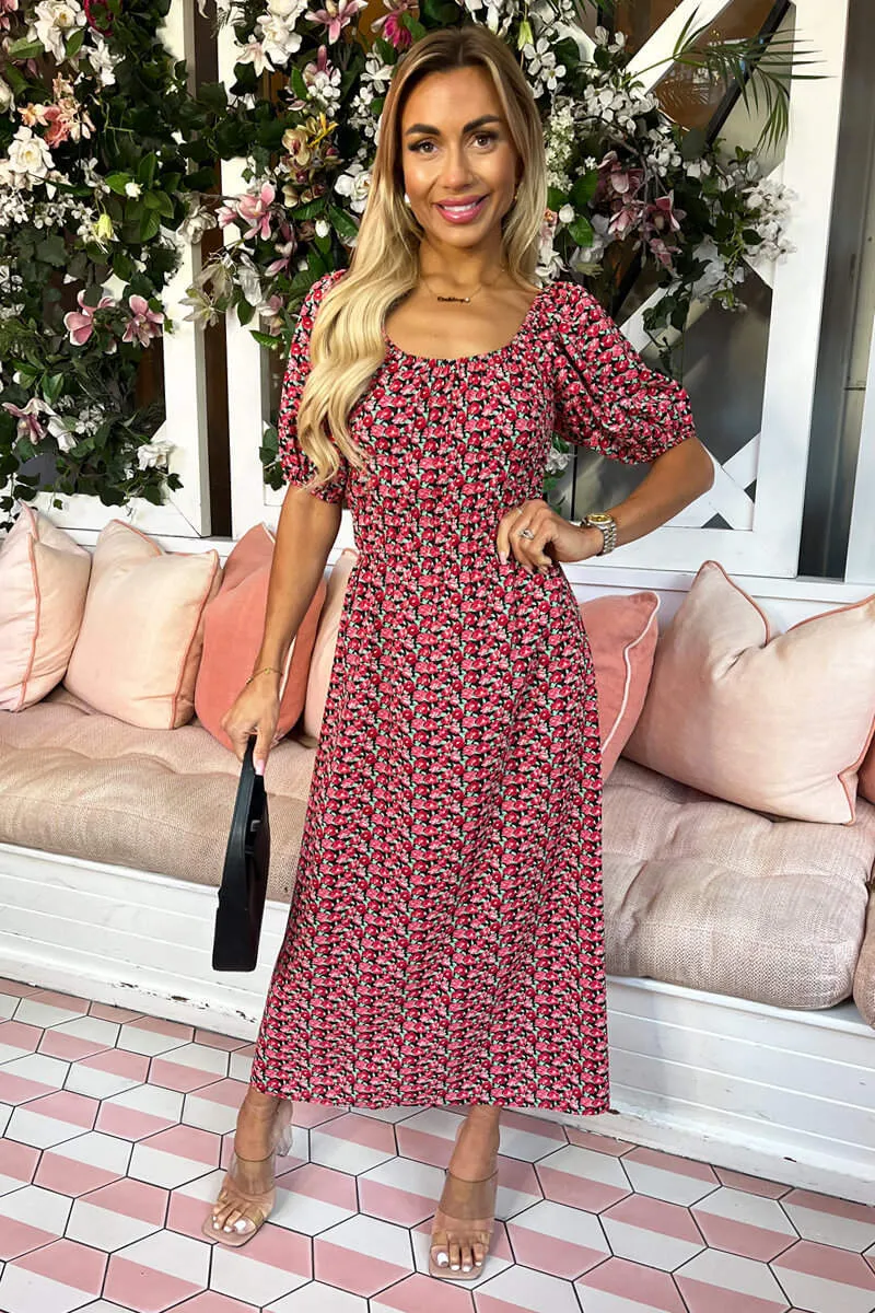 Red Multi Floral Printed Puff Sleeve Midi Dress sold by AX Paris product image thumbnail 3