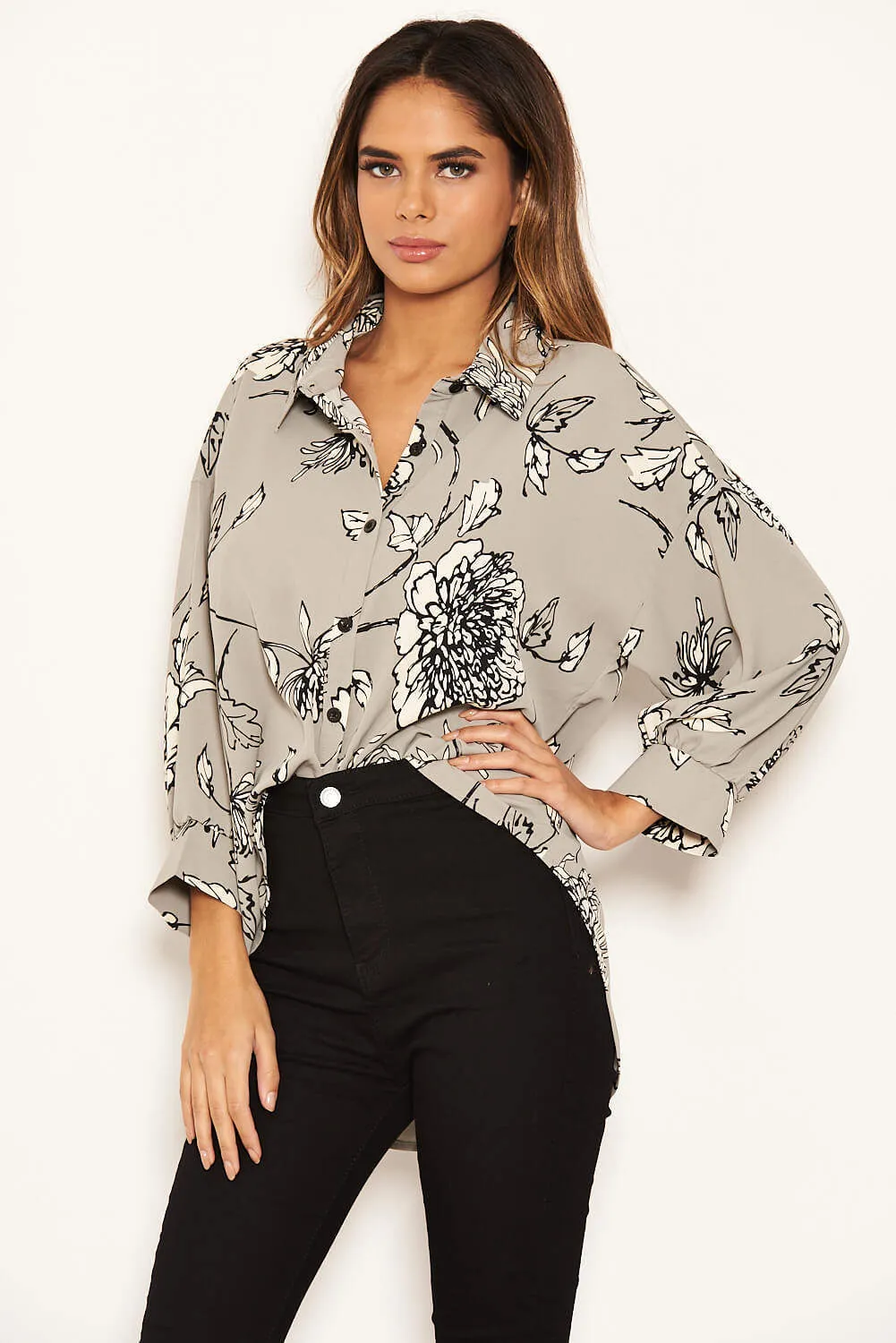 Grey Floral Dip Hem Shirt sold by AX Paris product image thumbnail 3