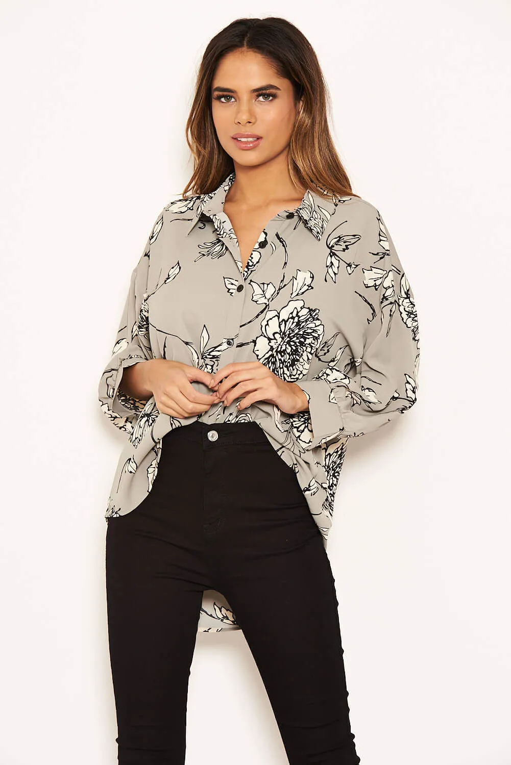Grey Floral Dip Hem Shirt sold by AX Paris product image thumbnail 4