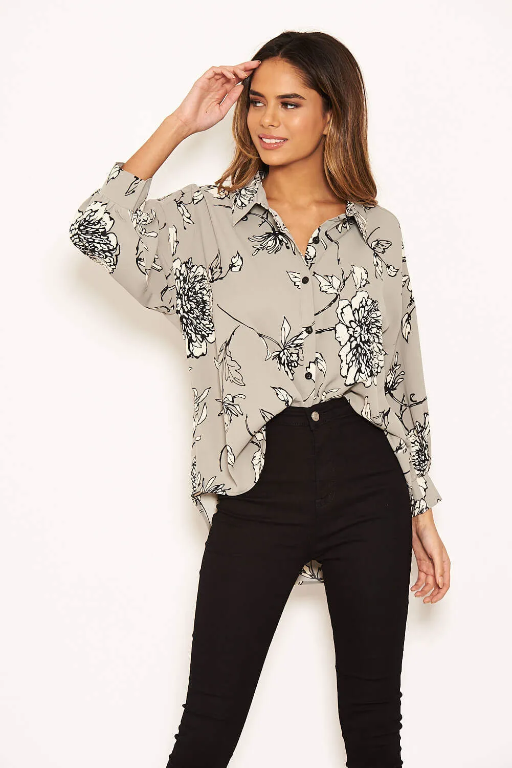 Grey Floral Dip Hem Shirt sold by AX Paris
