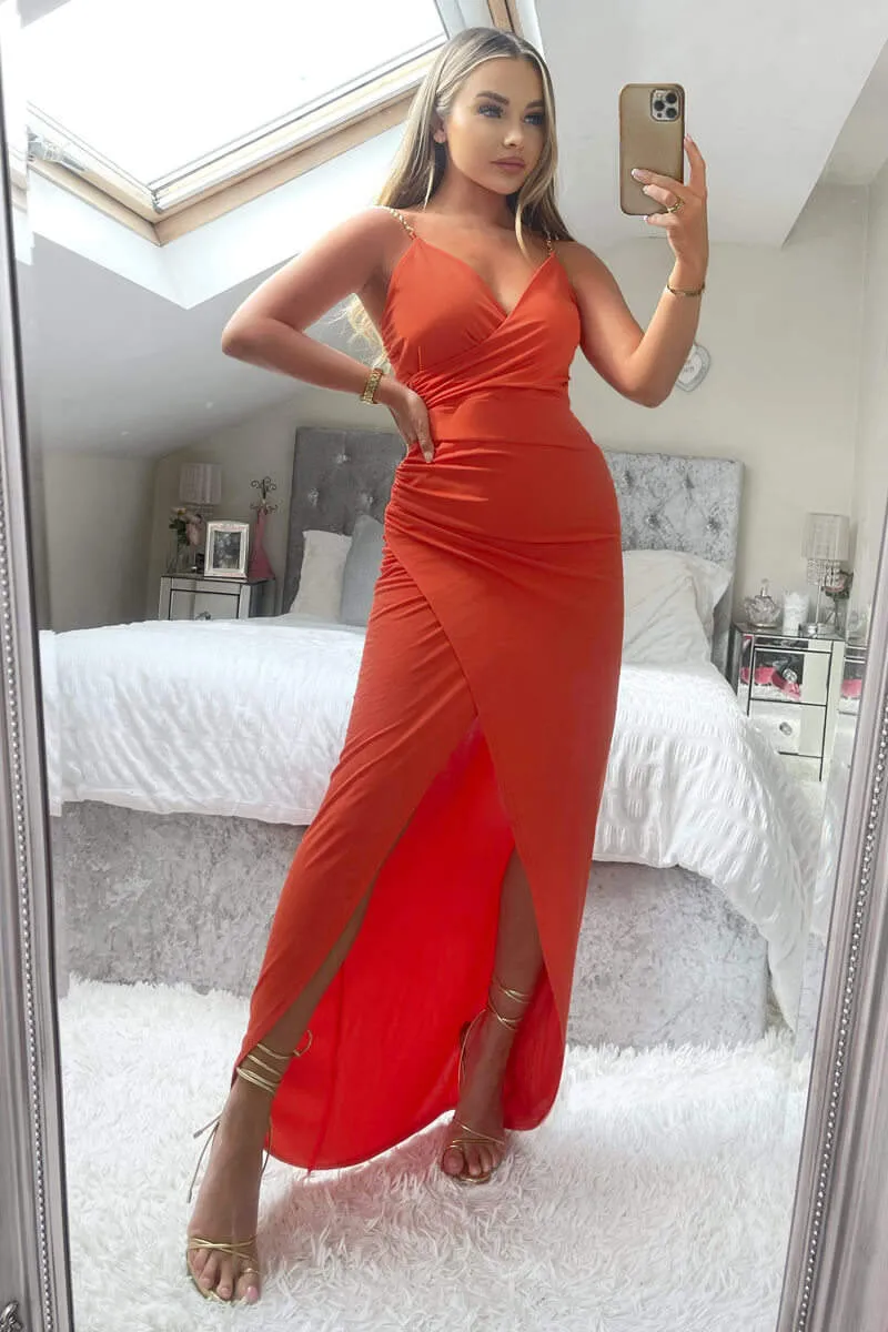 Orange Wrap Over Midi Dress With Chain Straps sold by AX Paris product image thumbnail 2