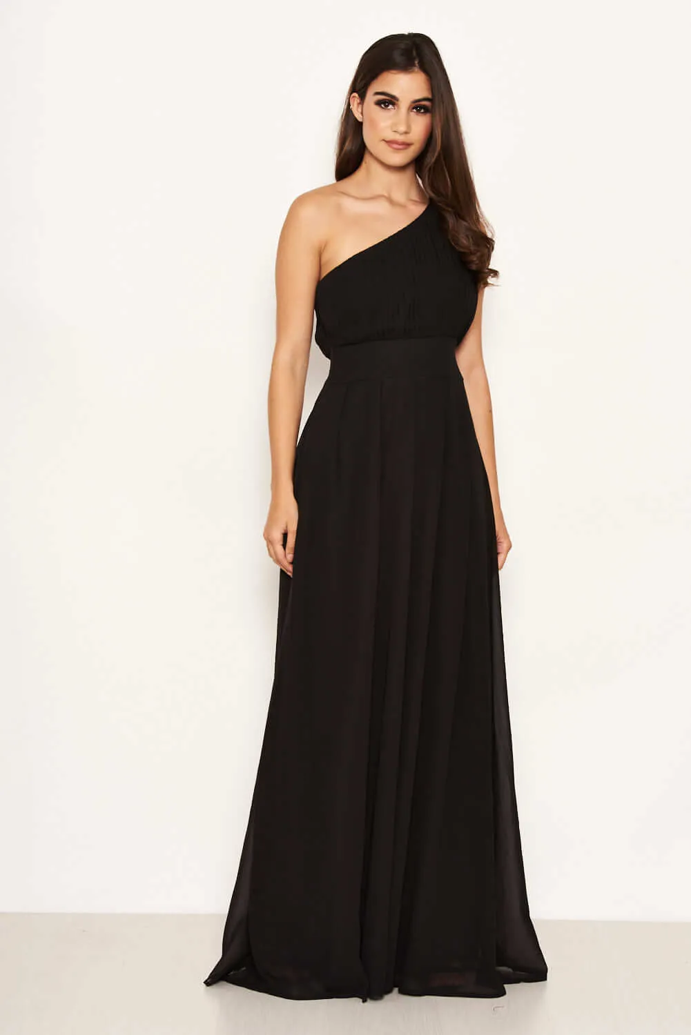 Black One Shoulder Pleated Maxi Dress sold by AX Paris