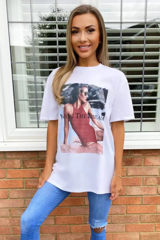 White Living The Dream Oversized T-Shirt sold by AX Paris