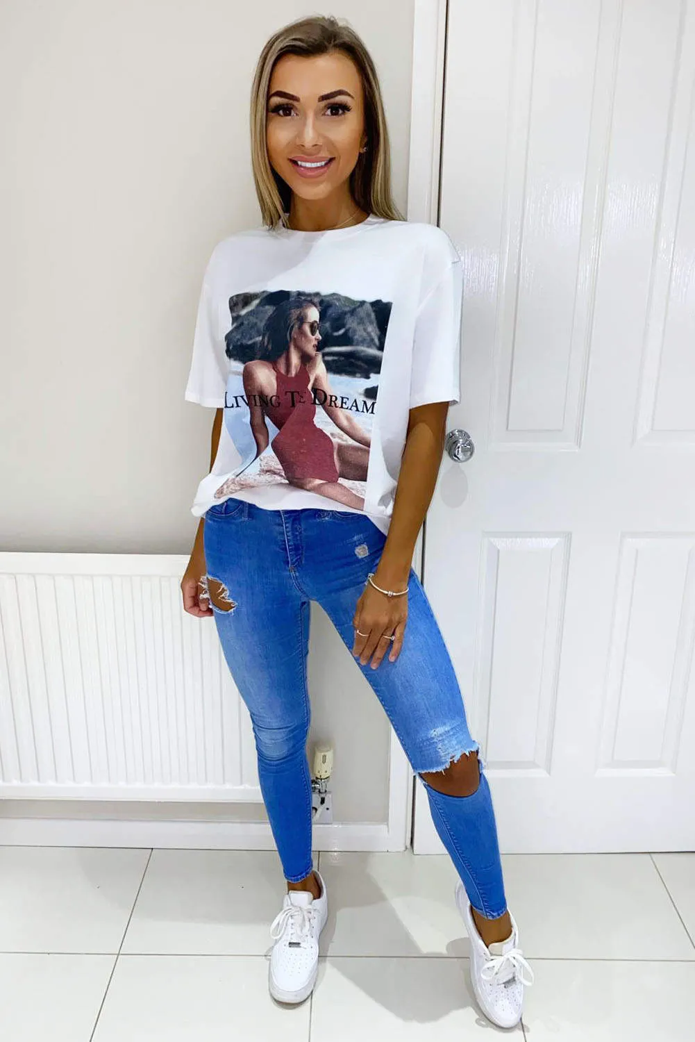 White Living The Dream Oversized T-Shirt sold by AX Paris product image thumbnail 3