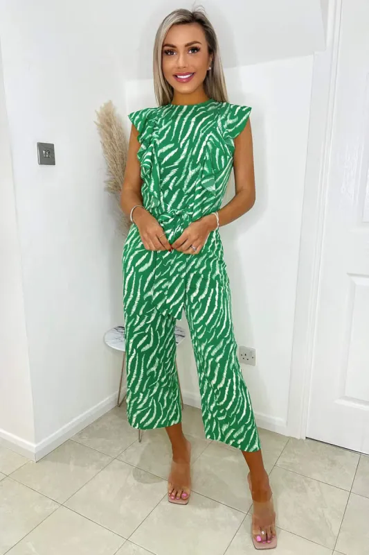 Green And White Animal Print Frill Front Jumpsuit sold by AX Paris