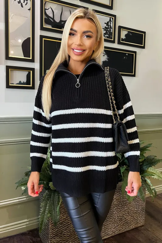 Black And Cream Zip Front Striped Knitted Jumper sold by AX Paris