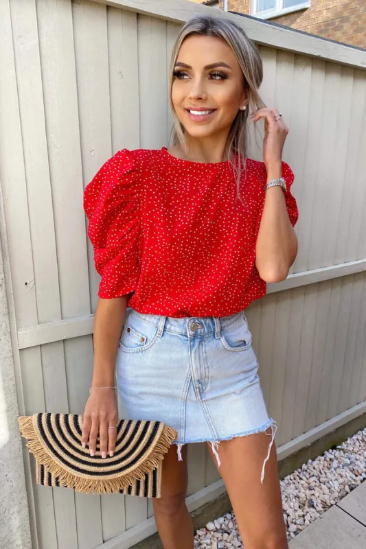 Red Polka Dot Frill Sleeve Top sold by AX Paris