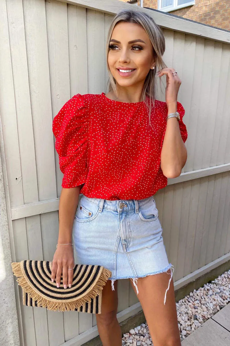 Red Polka Dot Frill Sleeve Top sold by AX Paris