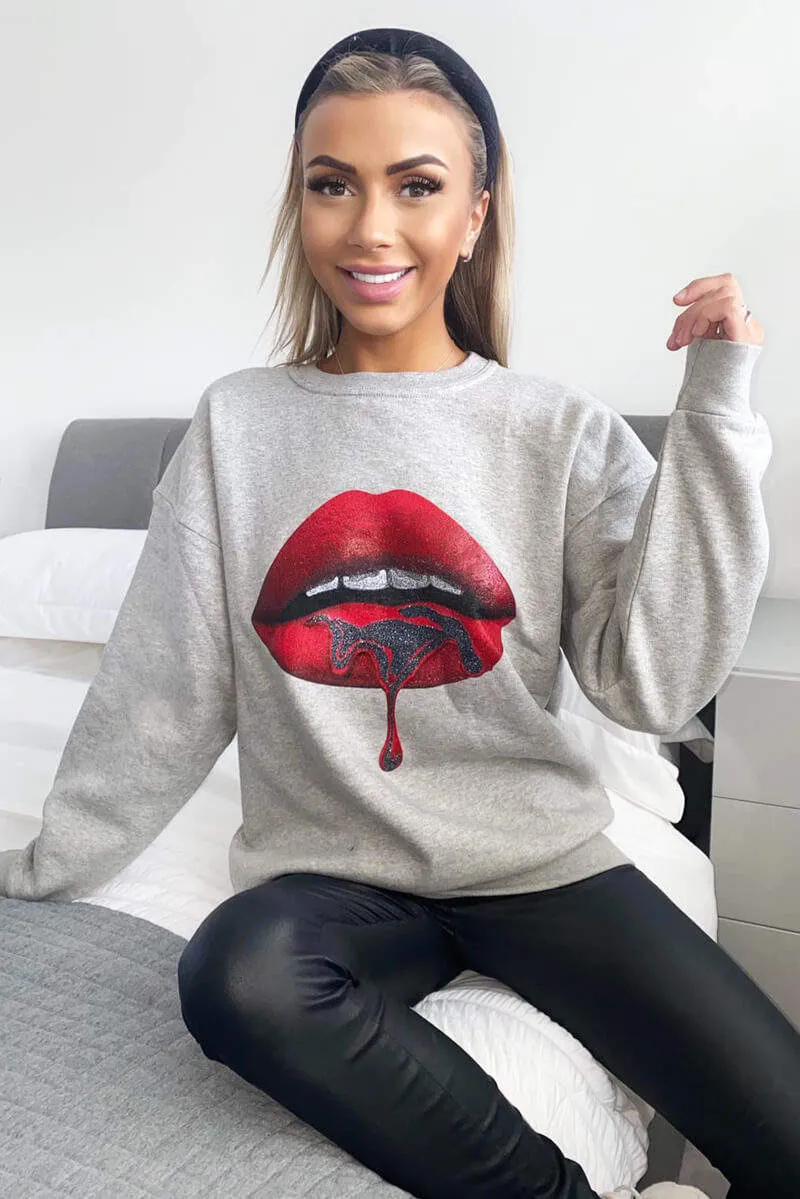 Grey Red Lips Sweatshirt sold by AX Paris product image thumbnail 2