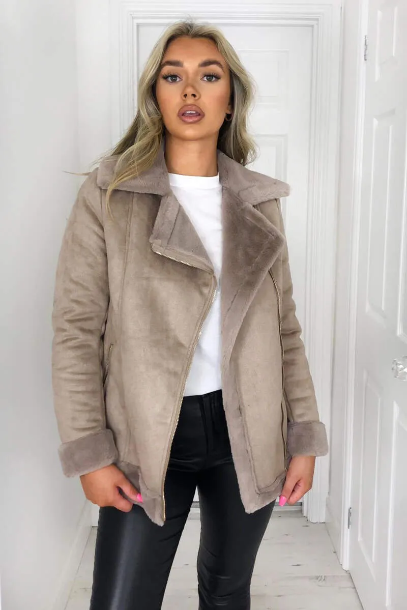 Stone Faux Suede Aviator Jacket sold by AX Paris