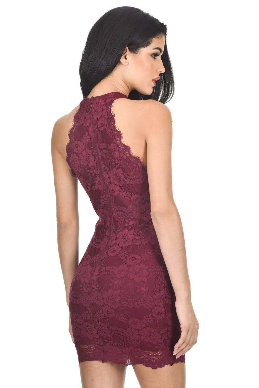 Wine Halter Lace Mini Dress sold by AX Paris product image thumbnail 4