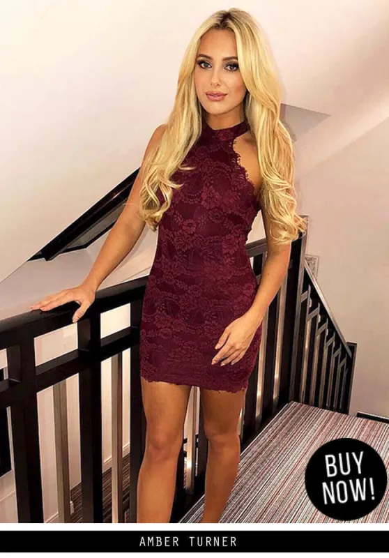 Wine Halter Lace Mini Dress sold by AX Paris