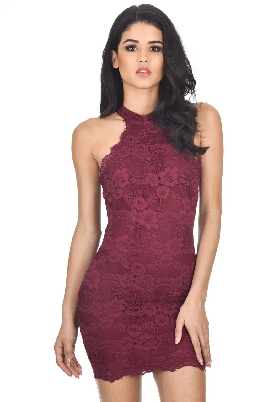 Wine Halter Lace Mini Dress sold by AX Paris product image thumbnail 2