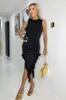 Black Ruched Asymmetrical Frill Midi Dress With Flower Detail sold by AX Paris