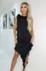 Black Ruched Asymmetrical Frill Midi Dress With Flower Detail sold by AX Paris
