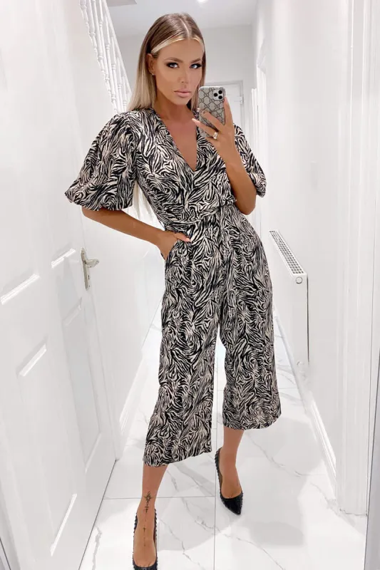 Black Animal Printed Wrap Tie Waist Jumpsuit sold by AX Paris